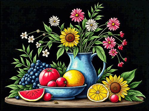Une nature morte colorée avec des fruits et des fleurs