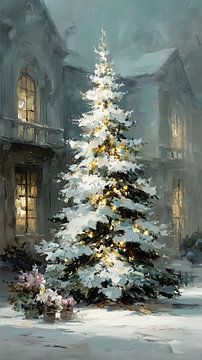Christmas tree | Snowy Christmas tree with lights by Abstract Painting