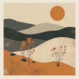 Eine Landschaft aus Bergen und Sonne im Japandi-Stil. von Studio Jet