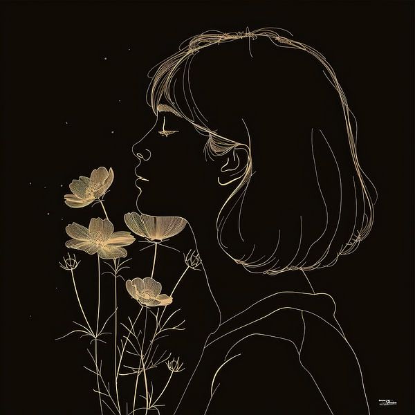 Strichzeichnung einer Frau mit einer Blume von Gelissen Artworks