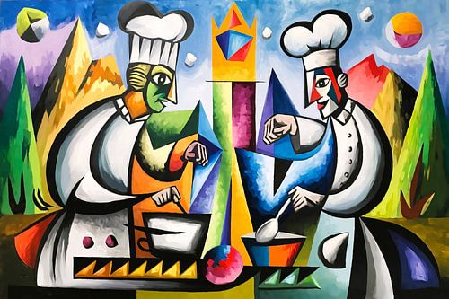 Abstract schilderij van twee koks