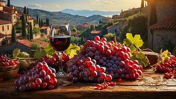 Rode wijnglas op een houten tafel met een druif in Toscane van Animaflora PicsStock