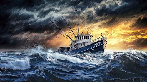 Vissersboot vaart door stormachtige golven