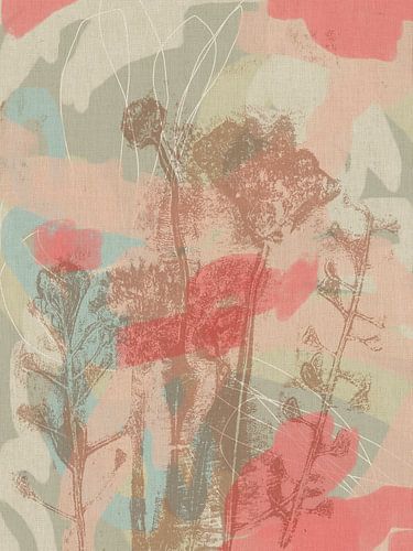 Kleurrijke botanische kunst in pastelroze, blauw, wit, beige. Monotypes weidebloemen.