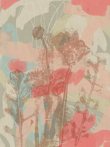 Bunte botanische Kunst in Pastellrosa, Blau, Weiß und Beige. Wiesenblumen-Monotypien. von Dina Dankers