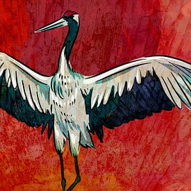 Japan Crane Vintage at sunset by Mad Dog Art