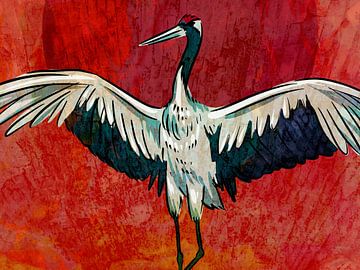 Japan Kraanvogel Vintage bij zonsondergang van Mad Dog Art