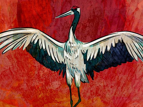 Japan Crane Vintage at sunset by Mad Dog Art