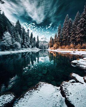 Winterlandschap aan het meer van fernlichtsicht