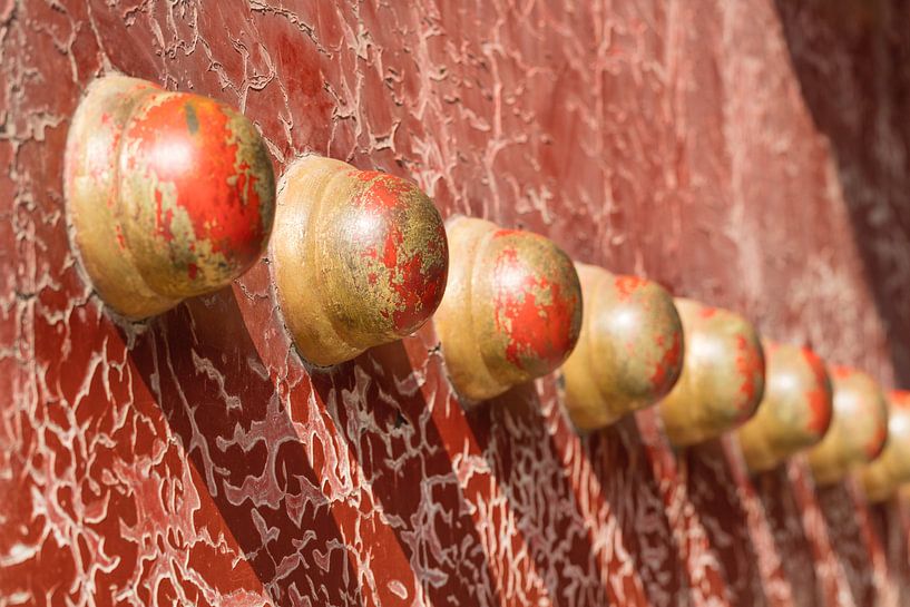 Copper knobs on ancient wooden door with peeling paint  by Tony Vingerhoets