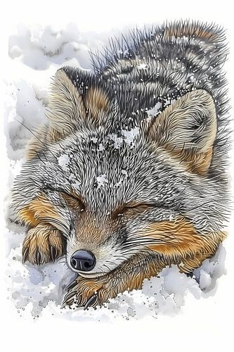 Gedetailleerd schilderij van een slapende vos