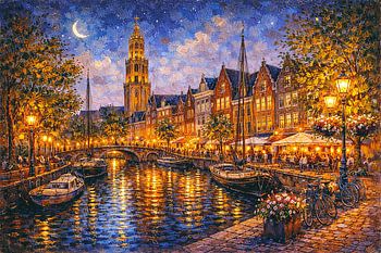 Groningen in de avond, Nederland schilderij.