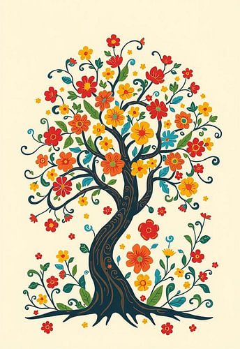 Grillige levensboom met levendige volkskunstbloemen en wervelende takken