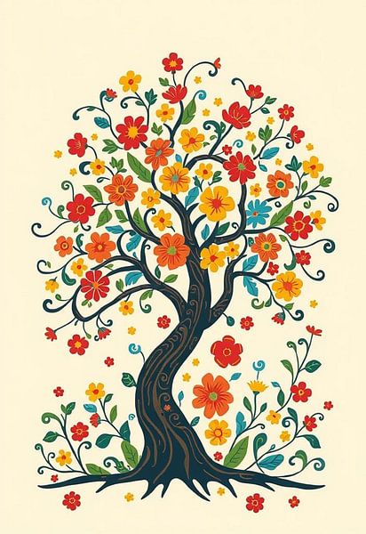 Arbre de vie fantaisiste avec fleurs Folk Art vibrantes et branches tourbillonnantes par Artistic