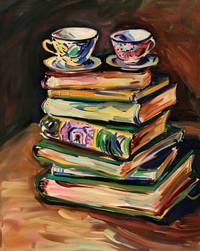 Bücher Tassen Kunst | Bibliothek Cafe Vibe von Abstraktes Gemälde