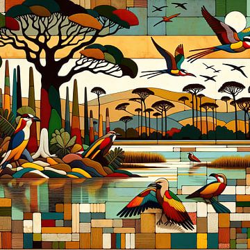 Mixed media compositie van vogelreservaat in Afrika van Lois Diallo