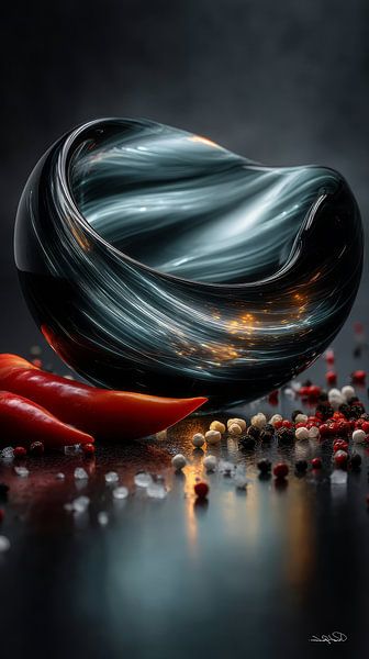 rote Paprika - Knoblauch - Limette - Zitrone auf schwarzem Hintergrund mit dramatischem Licht von Gelissen Artworks