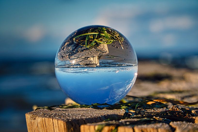 Glass sphere on a groyne at the Baltic Sea. The groyne is reflected in the sphere. by Martin Köbsch
