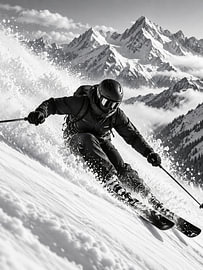 Zwart-witte alpineskiër – Extreme carve in de poedersneeuw van MARTINA KUSUMA DEWI