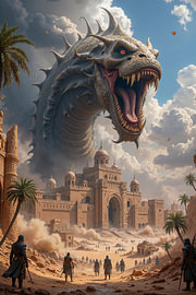 Dark Fantasy Art Wandbild: CATACLYSM - Ein gigantischer Sandwurm zerstört eine Stadt von INFERAURUM - Dark Fantasy Wall Art & Poster