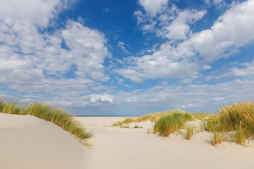 Strand met helmgras en mooie wolken op een zomerse dag van Anja Brouwer Fotografie