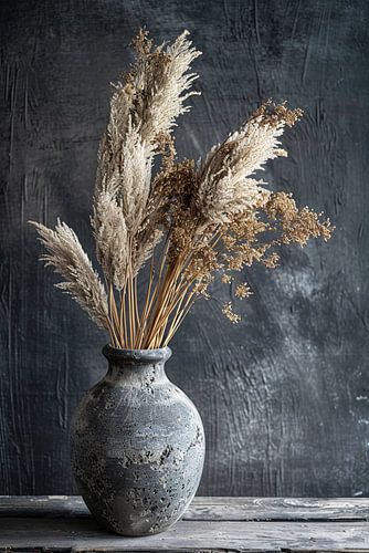 Rustieke blauwe vaas met droge planten op tafel