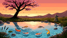 Sunset Koi Pond — Cherry Blossom Pixel Art by my pixel art