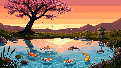 Bassin à carpes koï au coucher du soleil — Pixel art « Fleurs de cerisier »