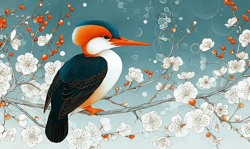 Turquoise bird in a blossom dream