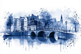 Amsterdamer Gracht mit Brücke | Blaues Aquarell von Amsterdam von Danny van Eldik