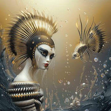 Sunflower Queen and the Goldfish - 3 | Abstract van Karina Brouwer