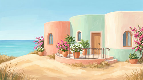 Maisons balnéaires aux couleurs pastel sous le ciel