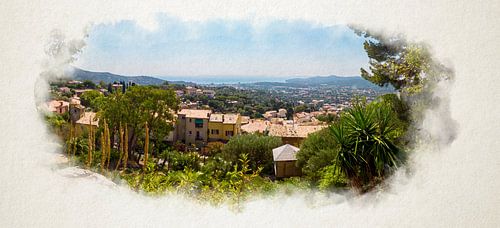 Panoramablick von Bormes Les Mimosas auf das Mittelmeer in Aquarellen