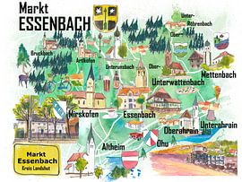 Illustrierte Karte von Essenbach – Reiseerinnerung aus Bayern, Wandbild als Geschenk