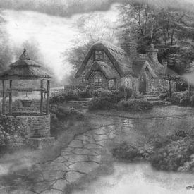 Digital Drawing of cottage with well by Gelissen Artworks