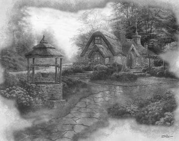 Digitale Zeichnung eines Landhauses mit Brunnen von Gelissen Artworks