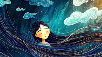 Sad woman in swirling clouds by Frank Heinz
