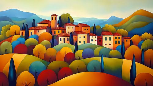 Kleurig landschap Toscane in de herfst, naïeve kunst
