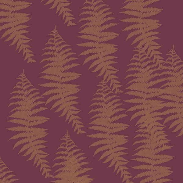 Fern leaves in ochre and merlot wine red. Abstract botanical art. by Dina Dankers