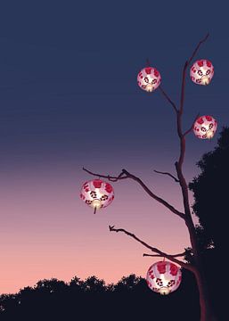 Aziatische lampionnen tijdens zonsondergang van Liv Jongman