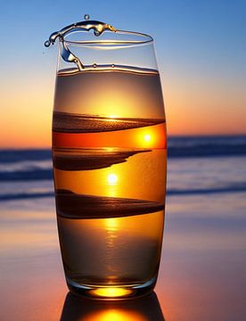 Glas op het strand met de ondergaande zon van Michael