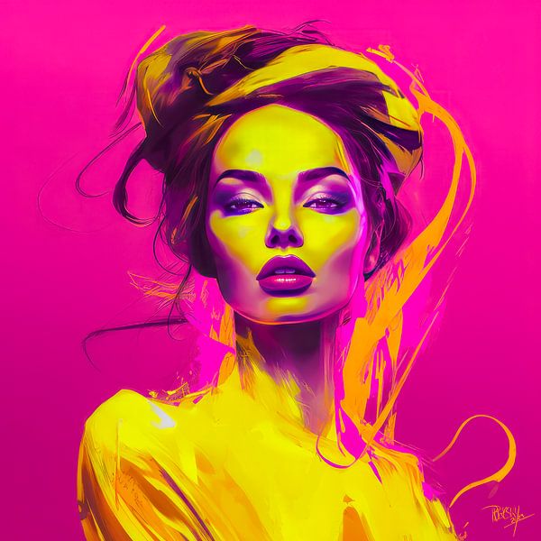 Popart portret Neon Woman magenta neon yellow van René van den Berg