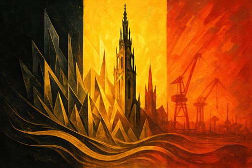 Abstracte stad met kathedraal en kranen