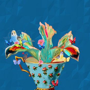 Vogels in een theekopje met vlinders