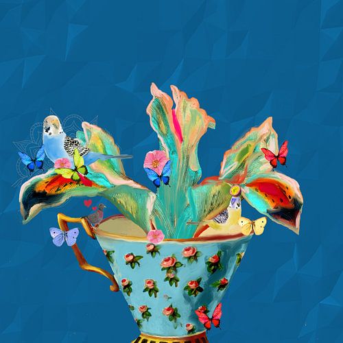 Vogels in een theekopje met vlinders