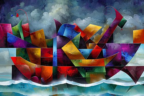 Abstracte Kleurenstorm met Golven en Boot