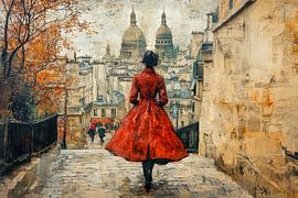 Vintage Paris – Olieverf Schilderij met Rood Accent van BowiScapes - Fine Art en Urban Wandkunst