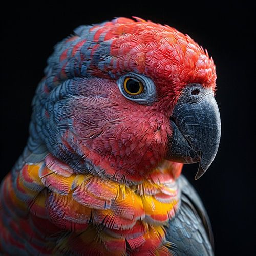Close-up van een papegaaienkop: rood, blauw en geel verenkleed