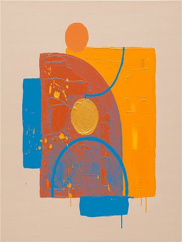Minimalistisches und abstraktes Kunstwerk in Beige-, Azurblau- und Orangetönen