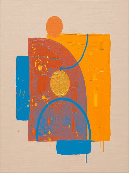 Minimalistisches und abstraktes Kunstwerk in Beige-, Azurblau- und Orangetönen von Studio Pieternel